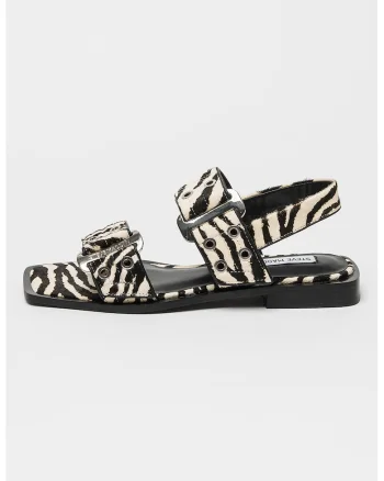 Sandale din piele cu par scurt cu animal print Saria, Alb fildes/Negru