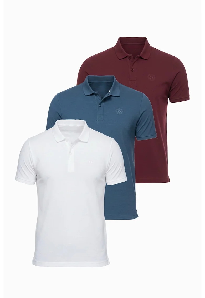 Set de tricouri polo din bumbac - 3 piese, Alb/Visiniu/Albastru petrol