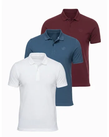 Set de tricouri polo din bumbac - 3 piese, Alb/Visiniu/Albastru petrol