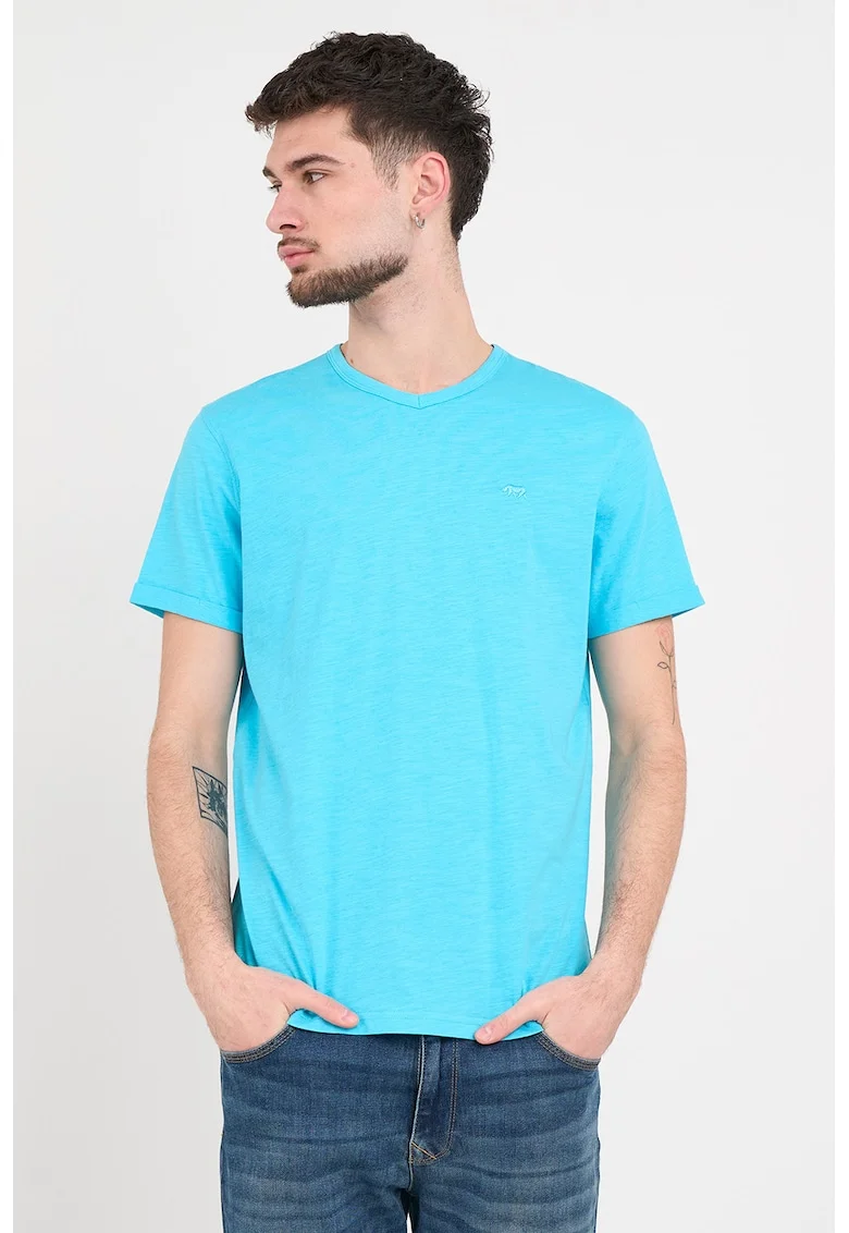 Tricou din bumbac cu decolteu in V, Albastru deschis neon