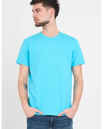 Tricou din bumbac cu decolteu in V, Albastru deschis neon