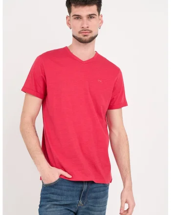 Tricou din bumbac cu decolteu in V, Rosu vermillion
