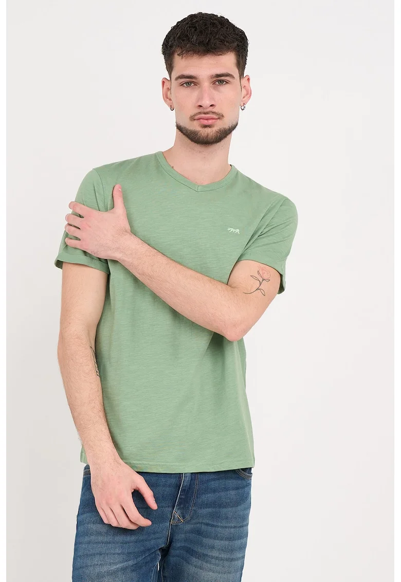 Tricou din bumbac cu decolteu in V, Verde deschis