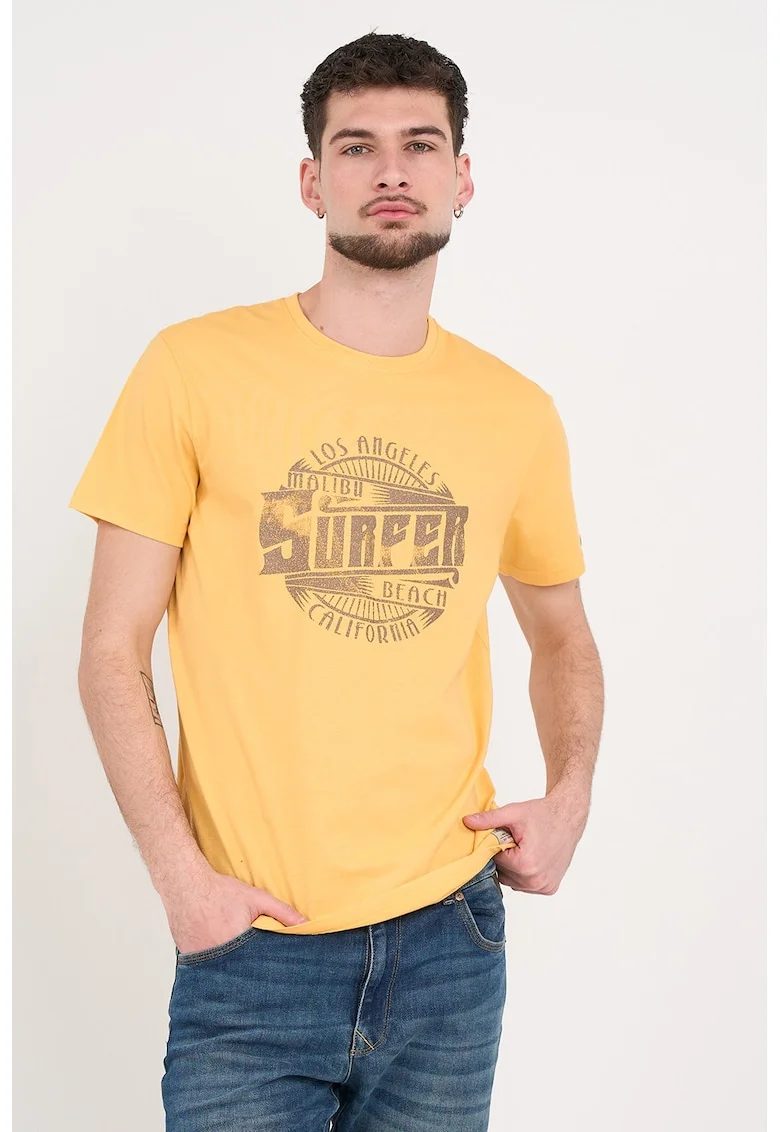 Tricou din bumbac cu imprimeu text, Galben sofran
