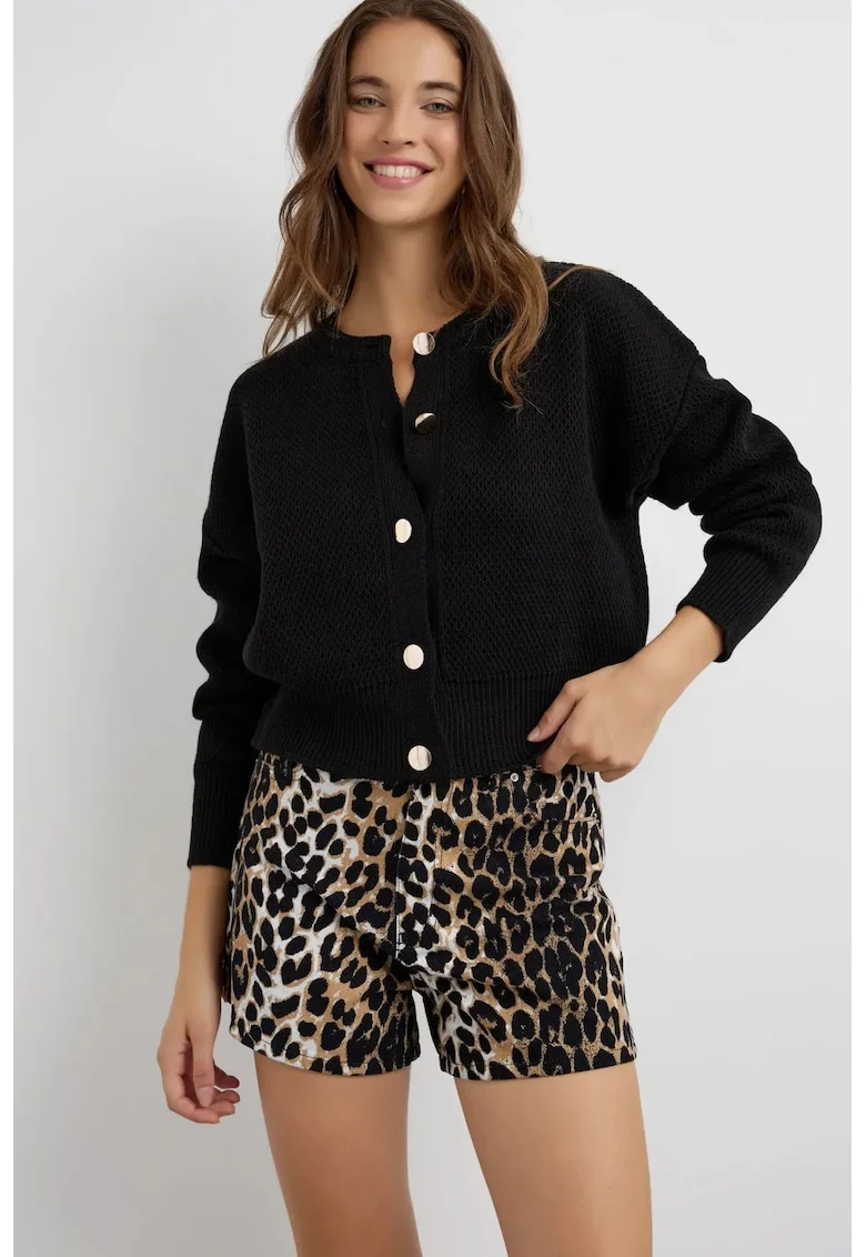 Cardigan  texturat cu nasturi, negru, tricot,