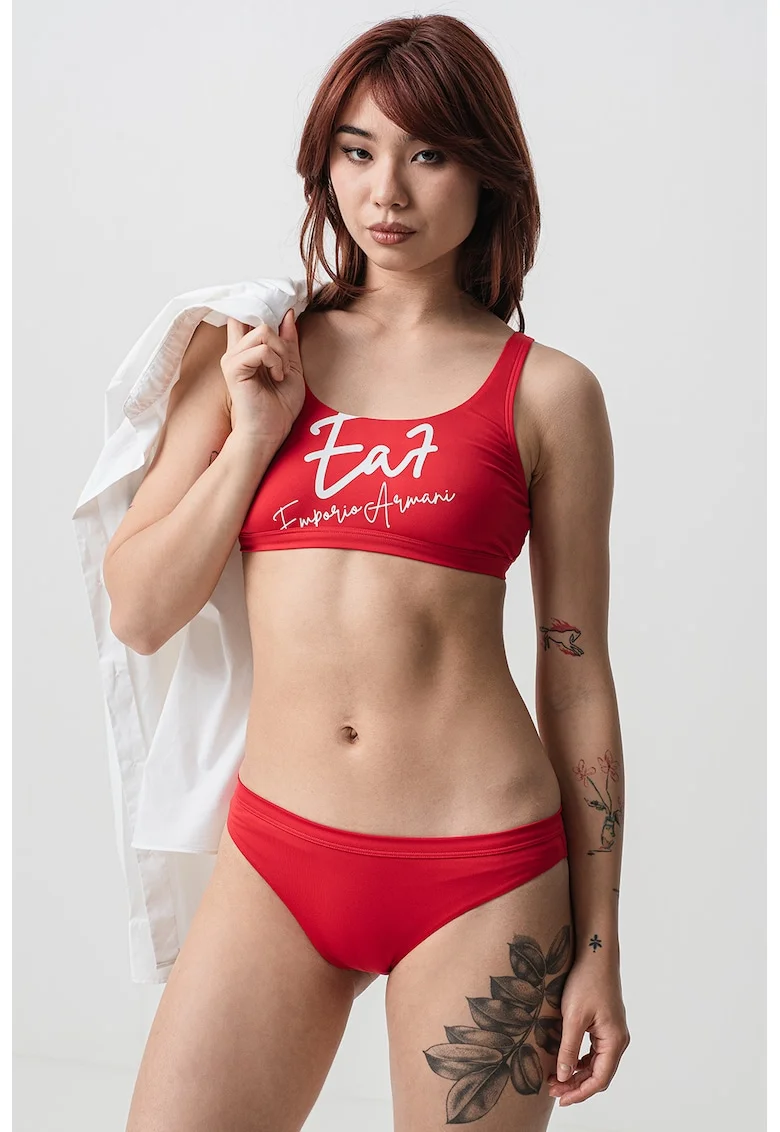 Costum de baie in doua piese cu imprimeu logo, Rosu capsuna