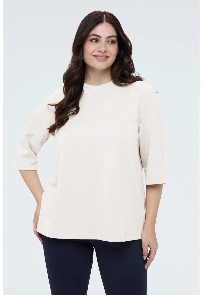 Bluza cu strat exterior cu model floral si maneci 3/4, Crem