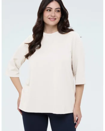 Bluza cu strat exterior cu model floral si maneci 3/4, Crem