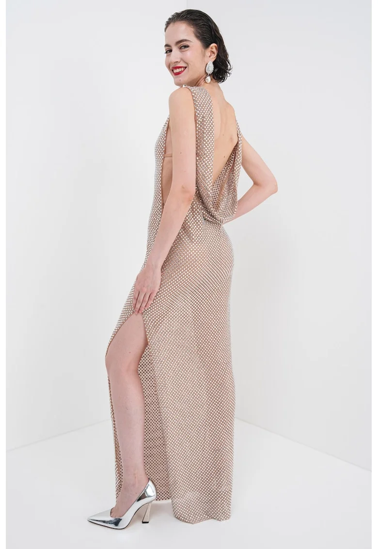 Rochie midi cu strasuri, Bej inchis/Argintiu