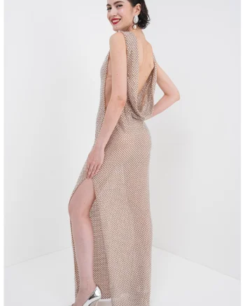 Rochie midi cu strasuri, Bej inchis/Argintiu