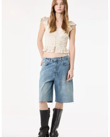 Bluza crop cu model, Lila/Crem