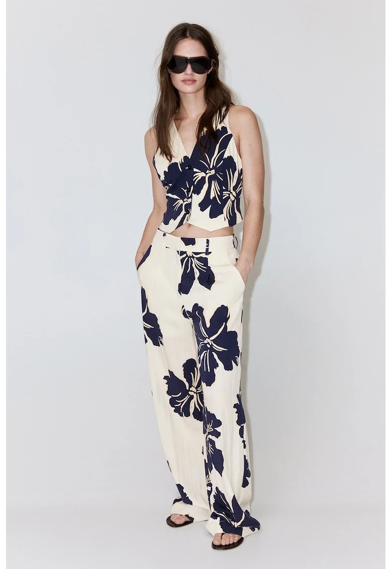 Pantaloni din amestec de lyocell cu imprimeu floral, Galben pal/Albastru petrol