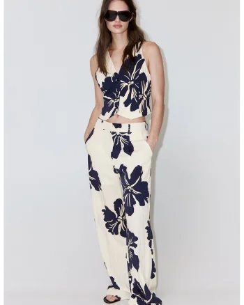 Pantaloni din amestec de lyocell cu imprimeu floral, Galben pal/Albastru petrol