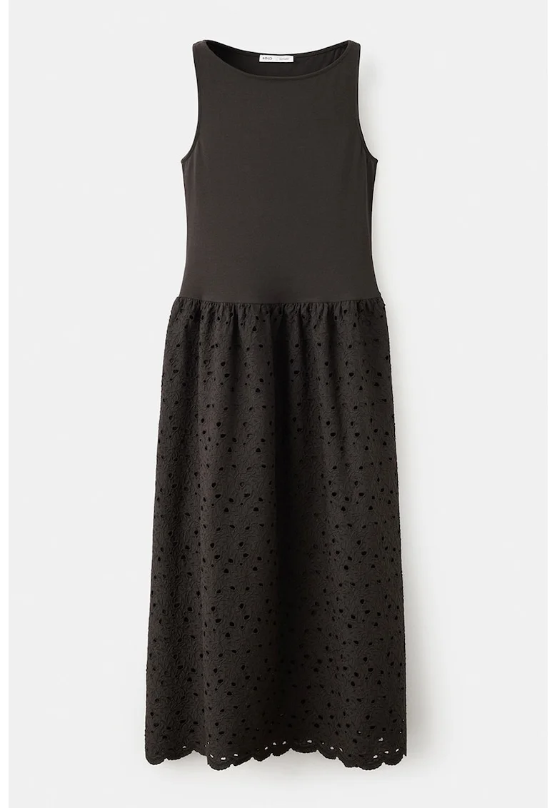 Rochie cu fusta brodata, fara maneci, Maro inchis