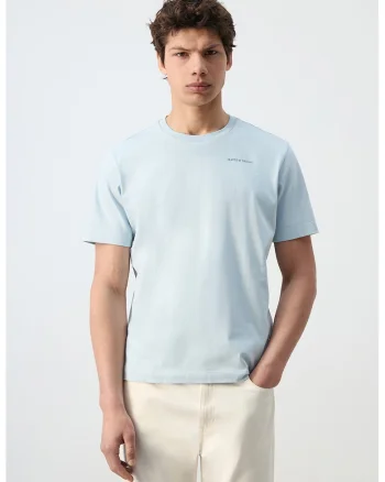 Tricou cu decolteu la baza gatului si imprimeu grafic, Albastru pastel