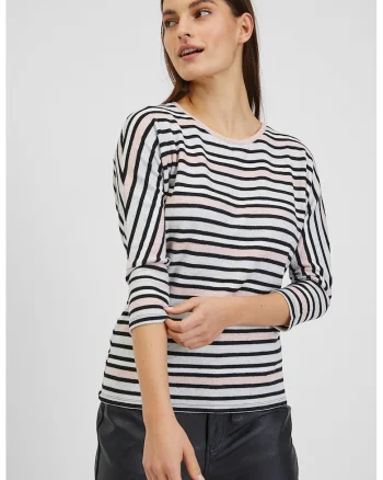 Bluza in dungi cu maneci 3\4, Alb/Negru/Piersica