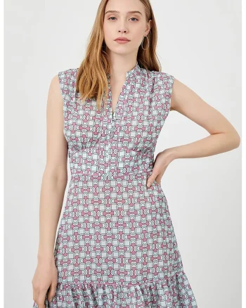 Rochie cu model si imprimeu grafic, Albastru pal/Roz prafuit