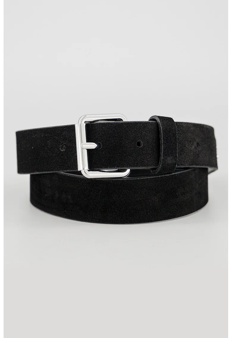Curea de piele intoarsa cu logo, Negru