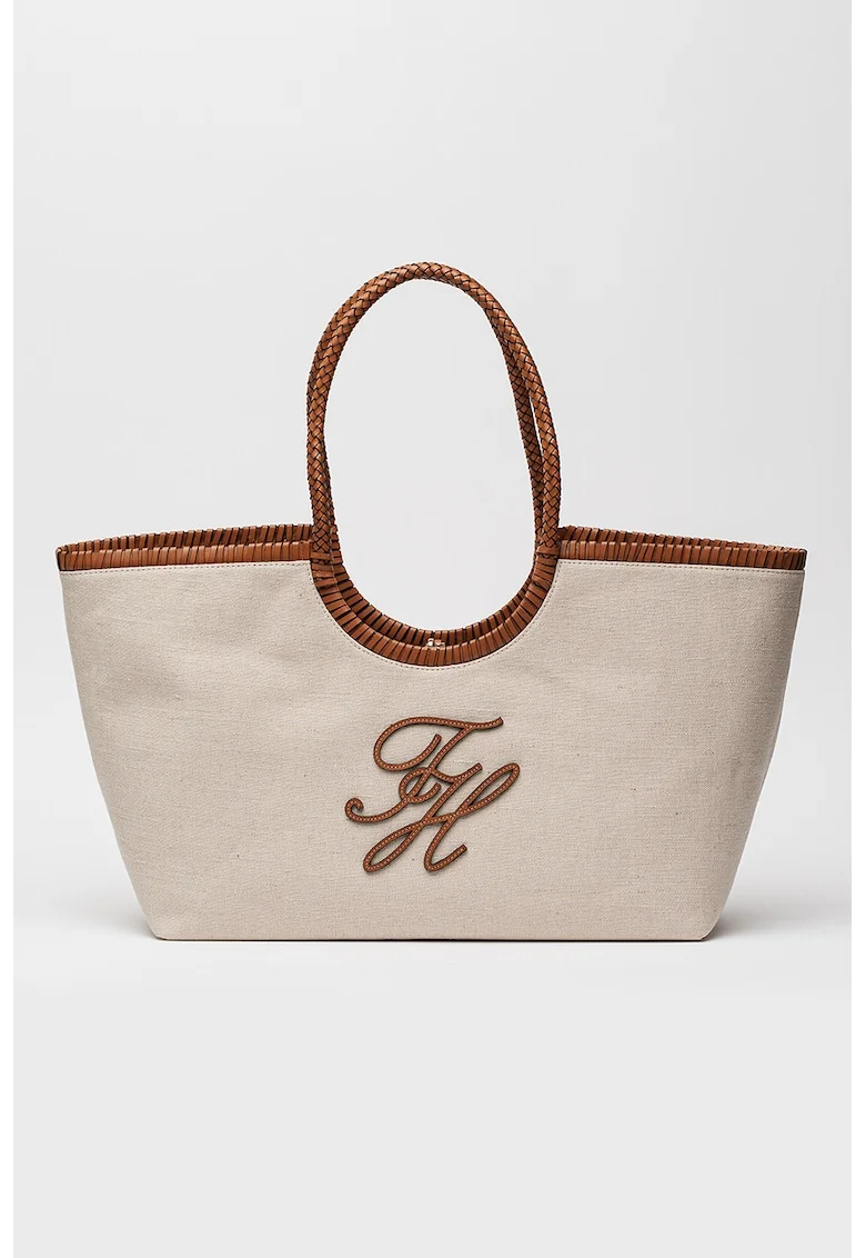 Geanta tote din material textil cu logo, Maro/Bej deschis