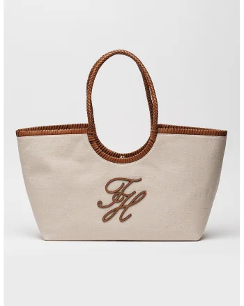 Geanta tote din material textil cu logo, Maro/Bej deschis