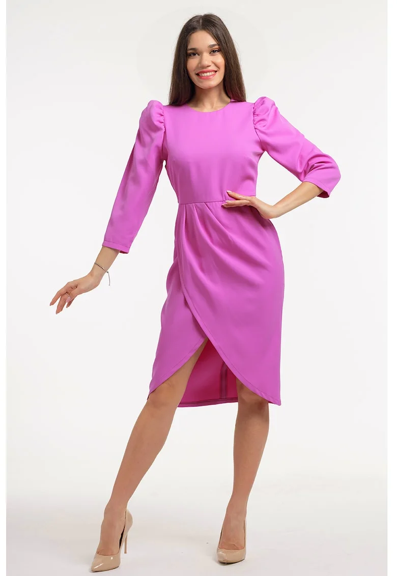 Rochie midi cu maneci bufante, Roz orhidee