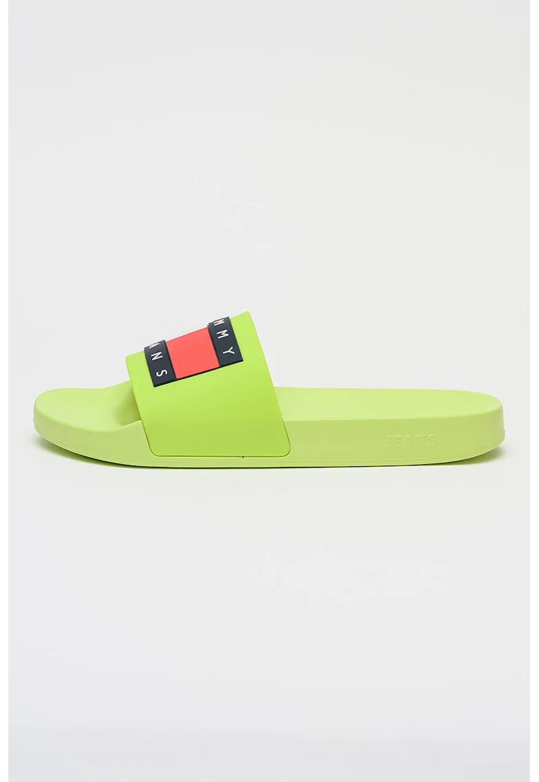 Papuci cu aplicatie logo, Alb/Negru/Verde electric