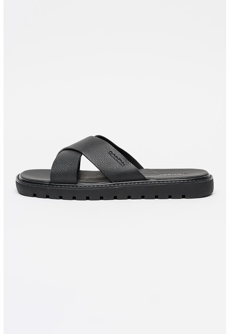 Papuci de piele cu logo, Negru