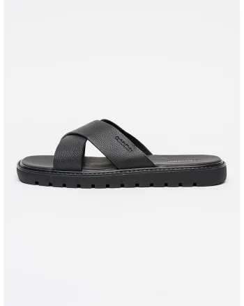 Papuci de piele cu logo, Negru