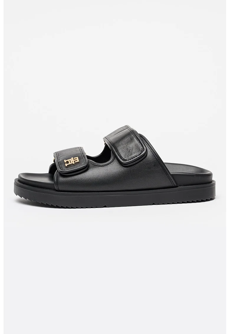 Papuci din piele cu velcro, Auriu/Negru