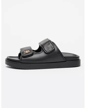 Papuci din piele cu velcro, Auriu/Negru