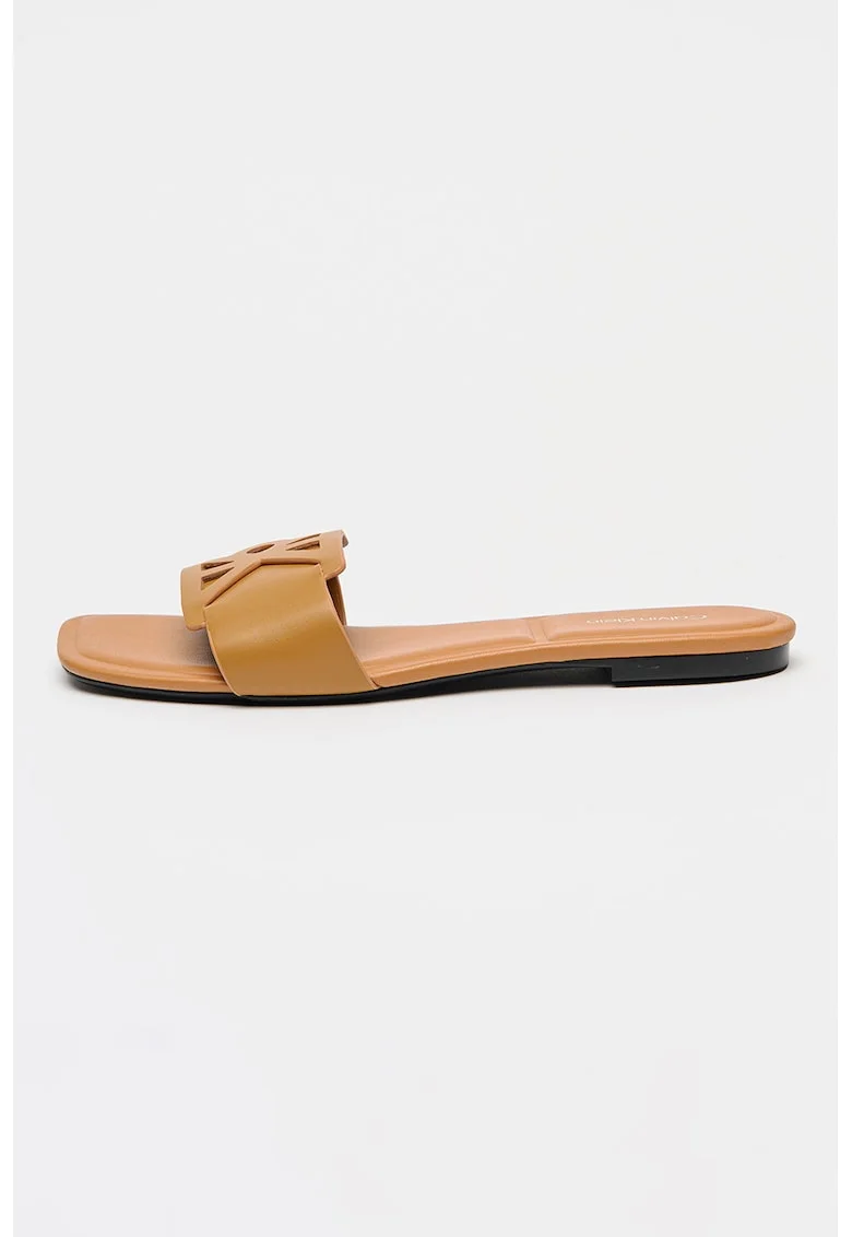 Papuci de piele cu logo, Caramel