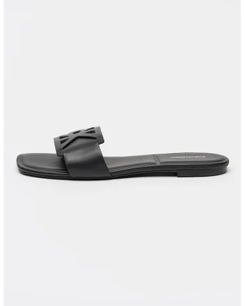 Papuci de piele cu logo, Negru