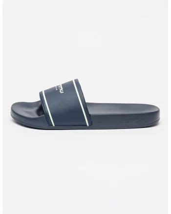 Papuci de piele ecologica cu logo, Alb optic/Bleumarin