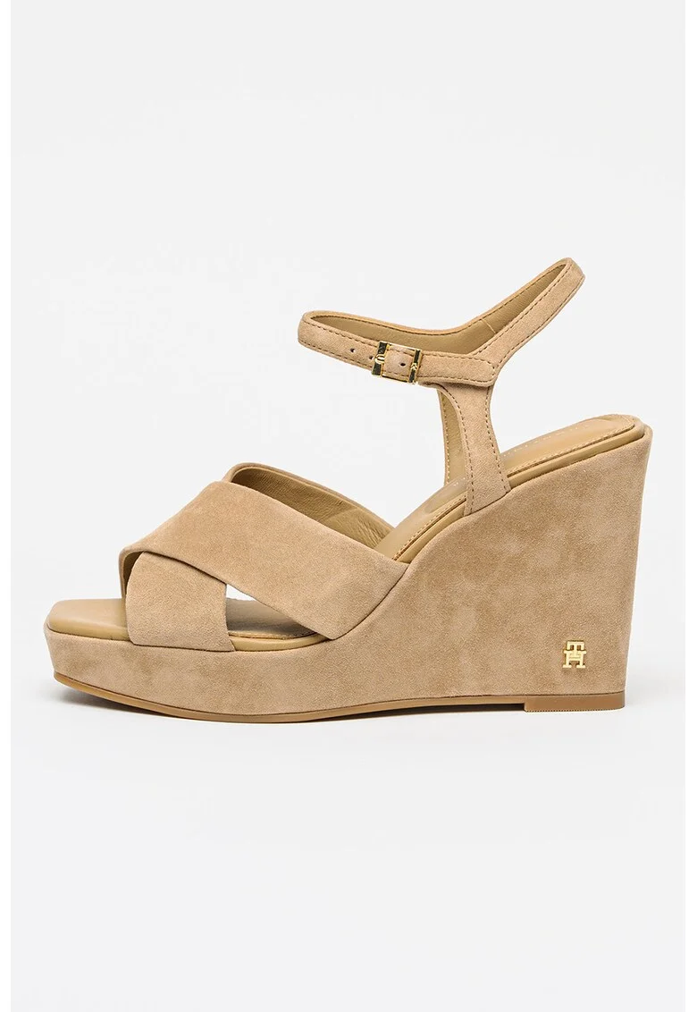 Sandale wedge din piele intoarsa, Maro nisip