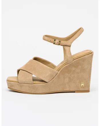 Sandale wedge din piele intoarsa, Maro nisip