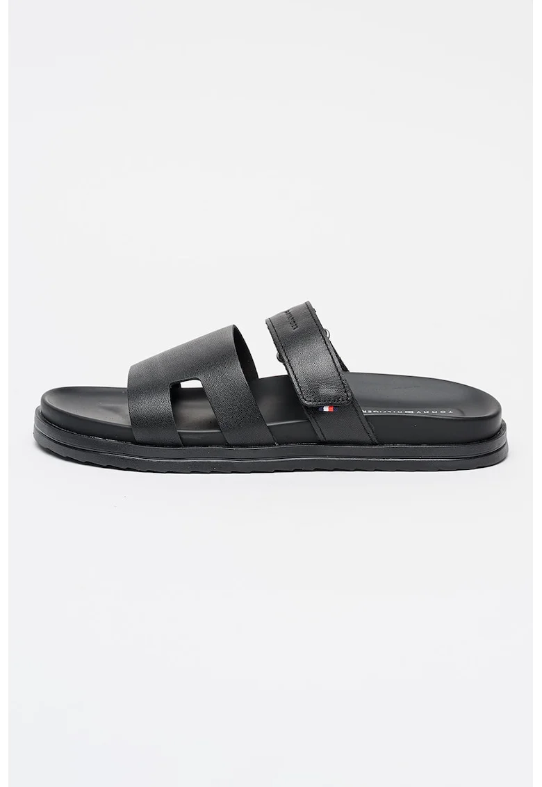 Papuci de piele cu bareta velcro, Negru
