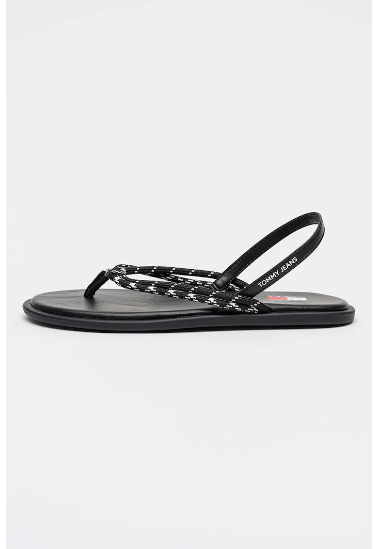 Sandale cu talpa plata, bareta in T si logo, Alb/Negru