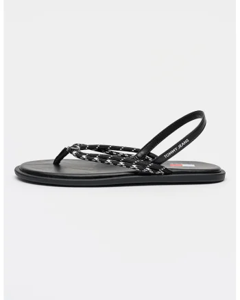 Sandale cu talpa plata, bareta in T si logo, Alb/Negru