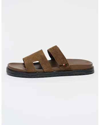 Papuci de piele intoarsa cu bareta velcro, Maro inchis