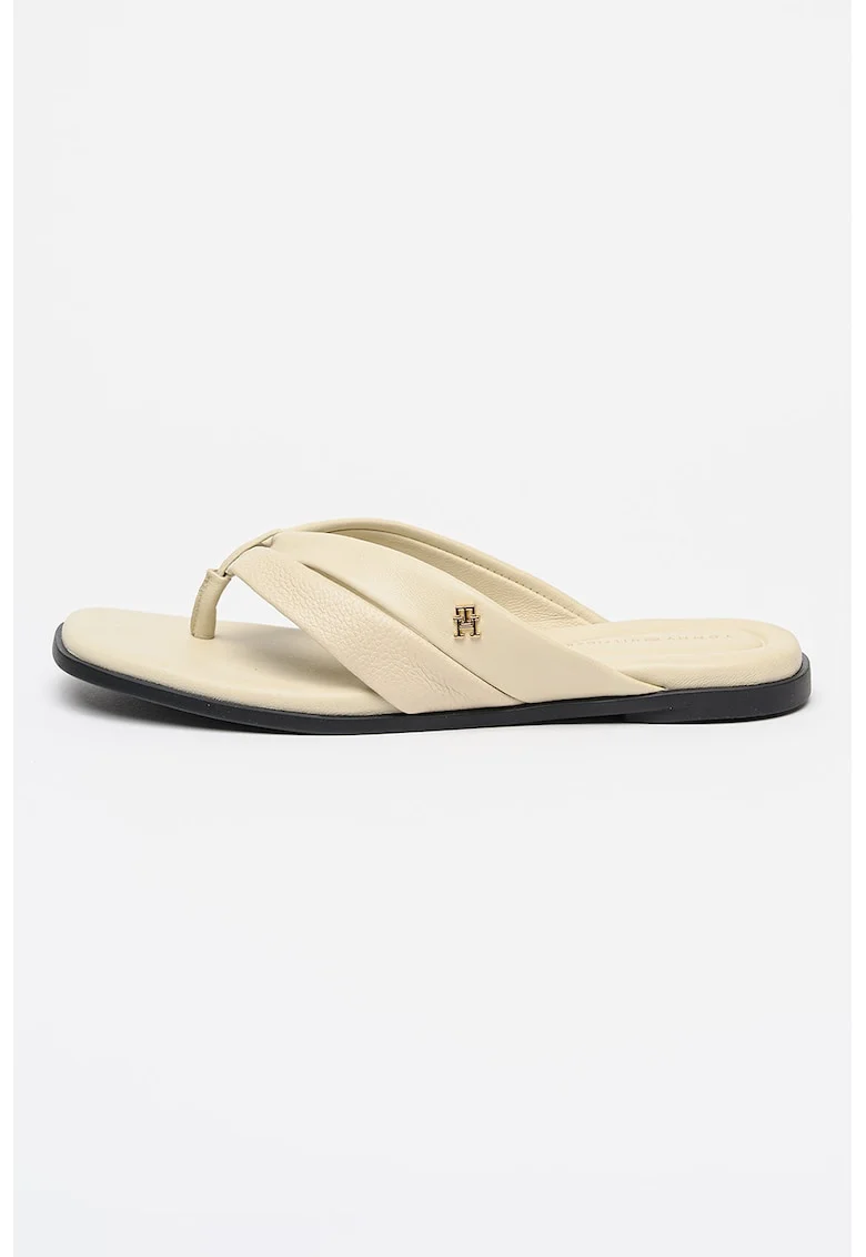 Papuci flip-flop din piele cu logo, Alb fildes