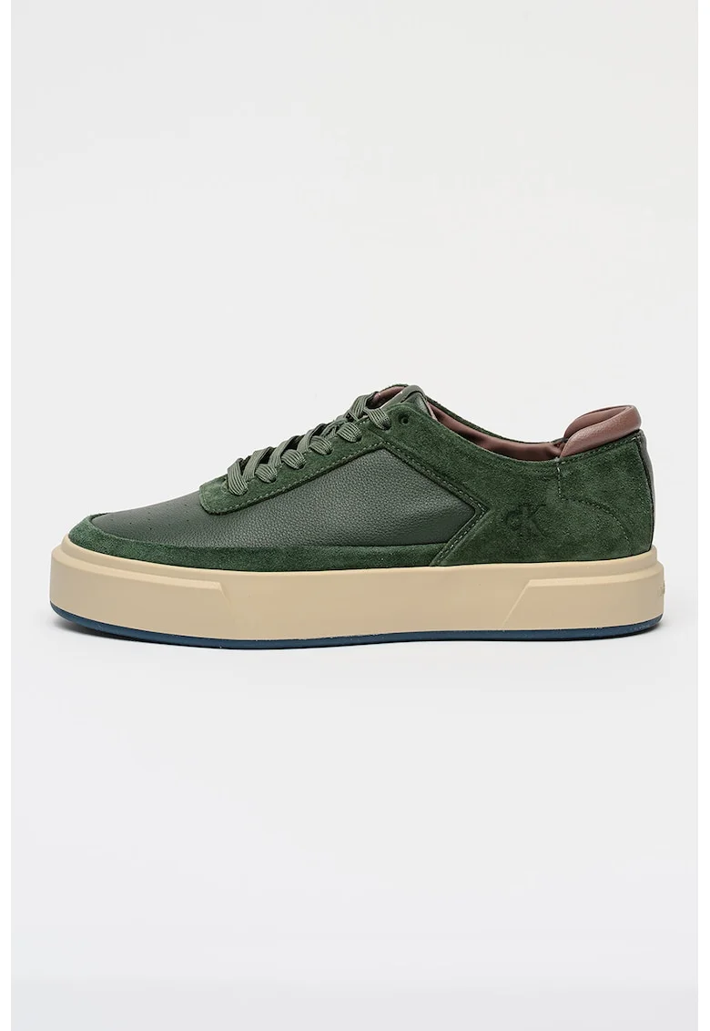 Pantofi sport low-cut de piele si piele intoarsa Basket Cupsole, Verde padure/Gri antracit