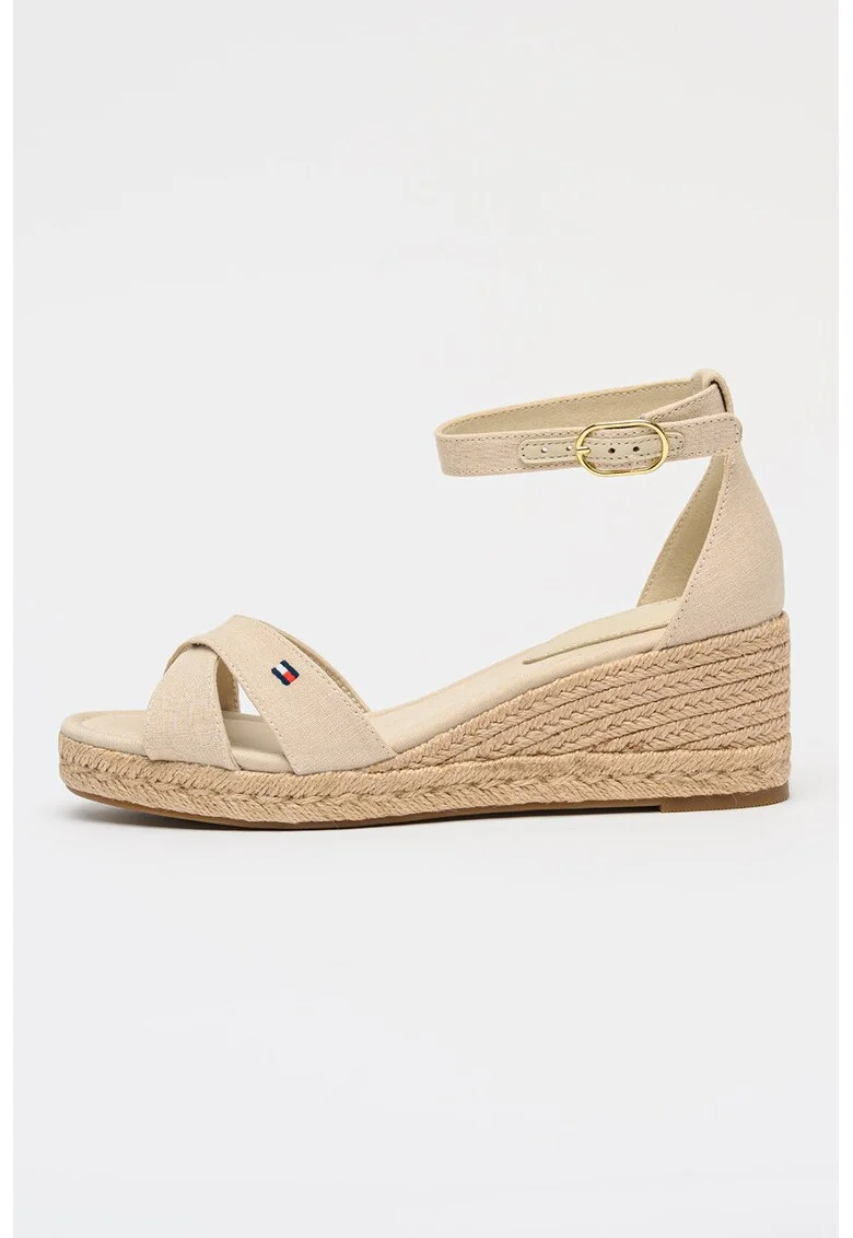Sandale cu talpa wedge din iuta, Auriu/Alb fildes