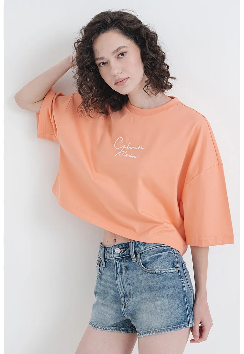 Tricou crop din bumbac cu logo, Roz somon