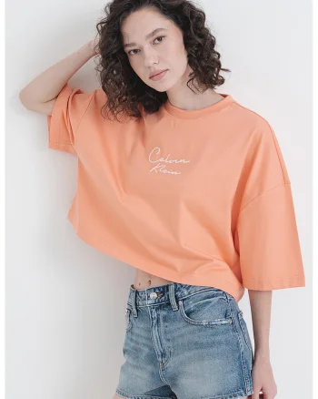 Tricou crop din bumbac cu logo, Roz somon