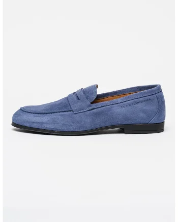 Pantofi loafer de piele intoarsa cu logo, Albastru inchis