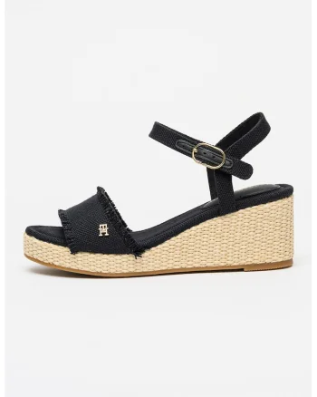 Sandale din material textil cu talpa wedge si franjuri, Auriu/Negru