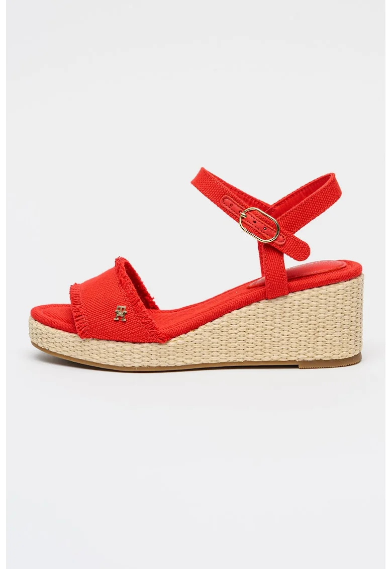 Sandale din material textil cu talpa wedge si franjuri, Auriu/Rosu vermillion
