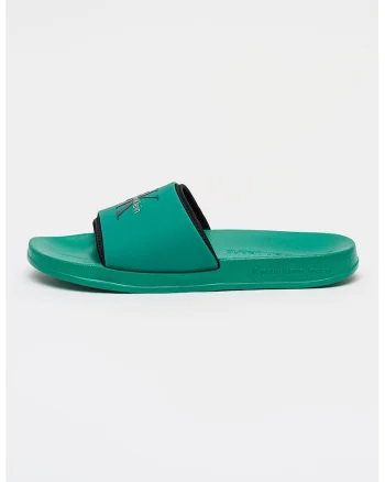 Papuci de piele ecologica cu imprimeu logo, Negru/Verde aquamarin