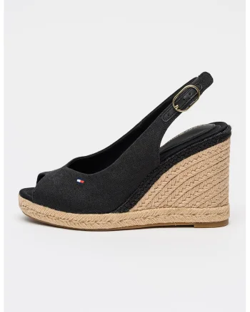 Sandale slingback din material textil si talpa wedge, Negru
