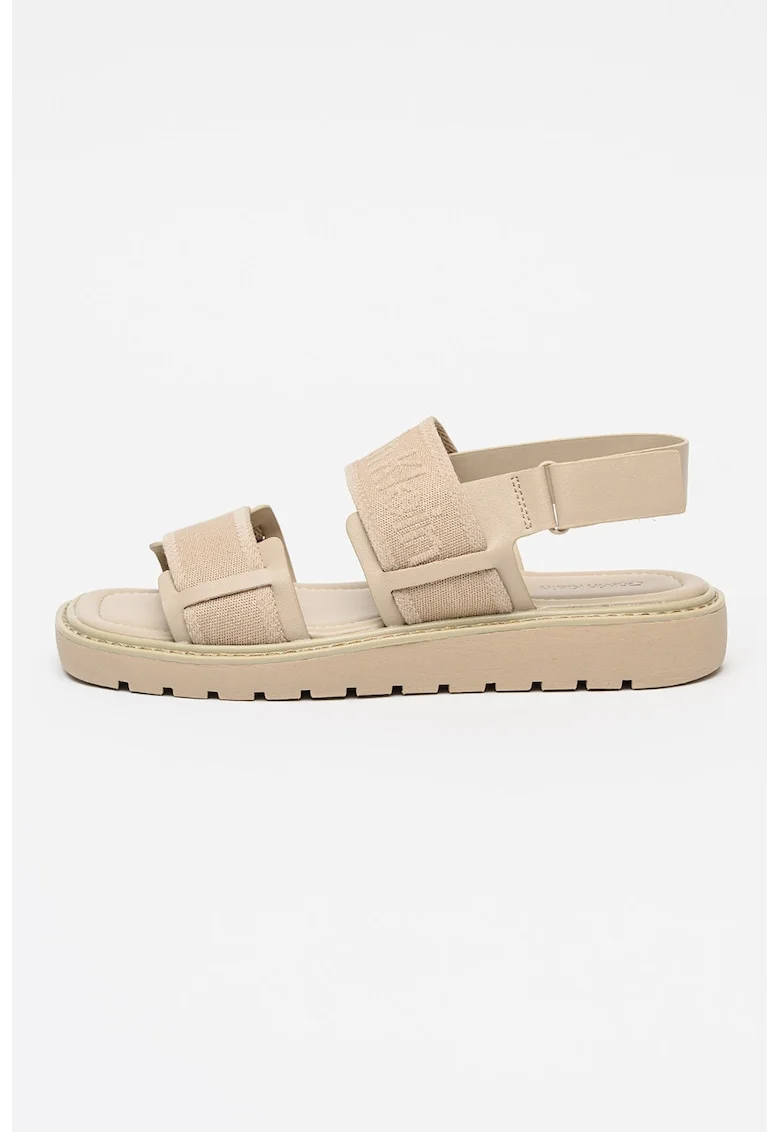 Sandale cu velcro si logo, Maro nisip
